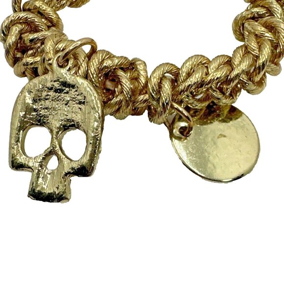 Skull Love Charm Bracelet Stretch Chunky Links Gold Tone Small Rhinestones - Picture 5 of 6